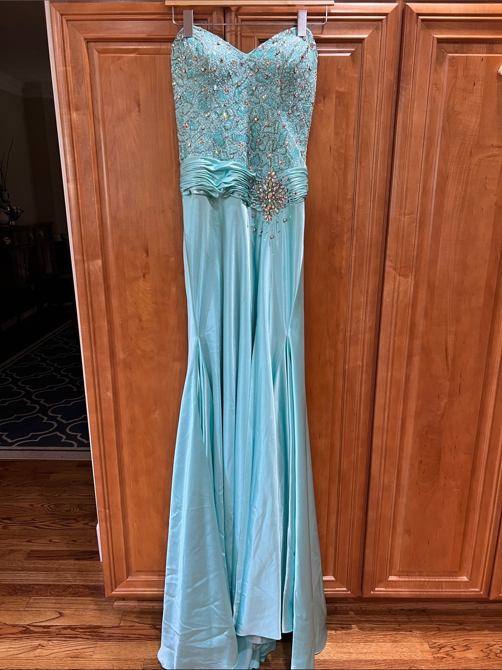 Tony Bowls Strapless Beaded Aqua Evening Gown
